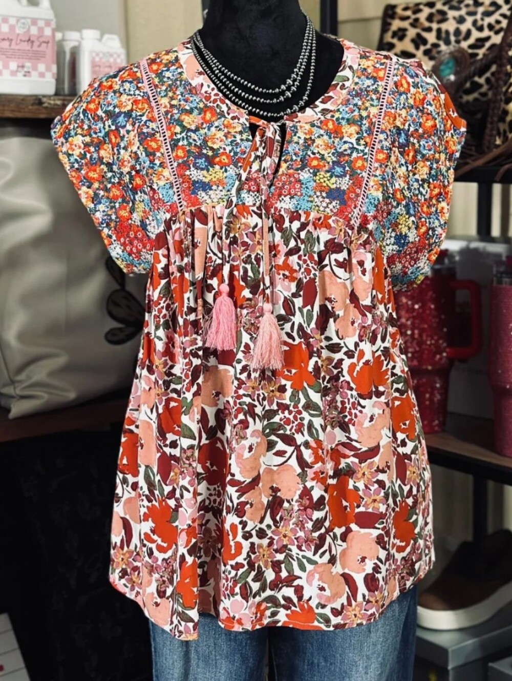 Savanna Jane Floral Patchwork Peasant Top in Coral Pink Embroidered Sz Large
